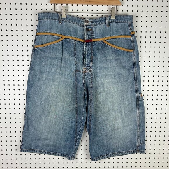 Girbaud 90s Hip Hop Baggy Jorts Size 36 Denim Wide Leg Distressed Skater Light - Picture 5 of 9